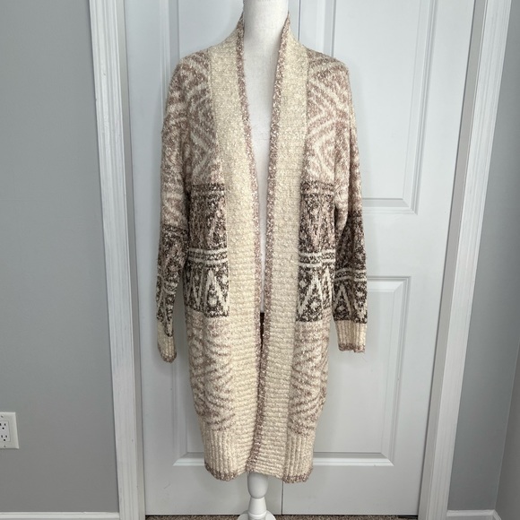 Joie Sweaters - Joie Cream & Brown Nordic Long Cardigan Sweater Wool Blend Nubby Knit NEW Medium